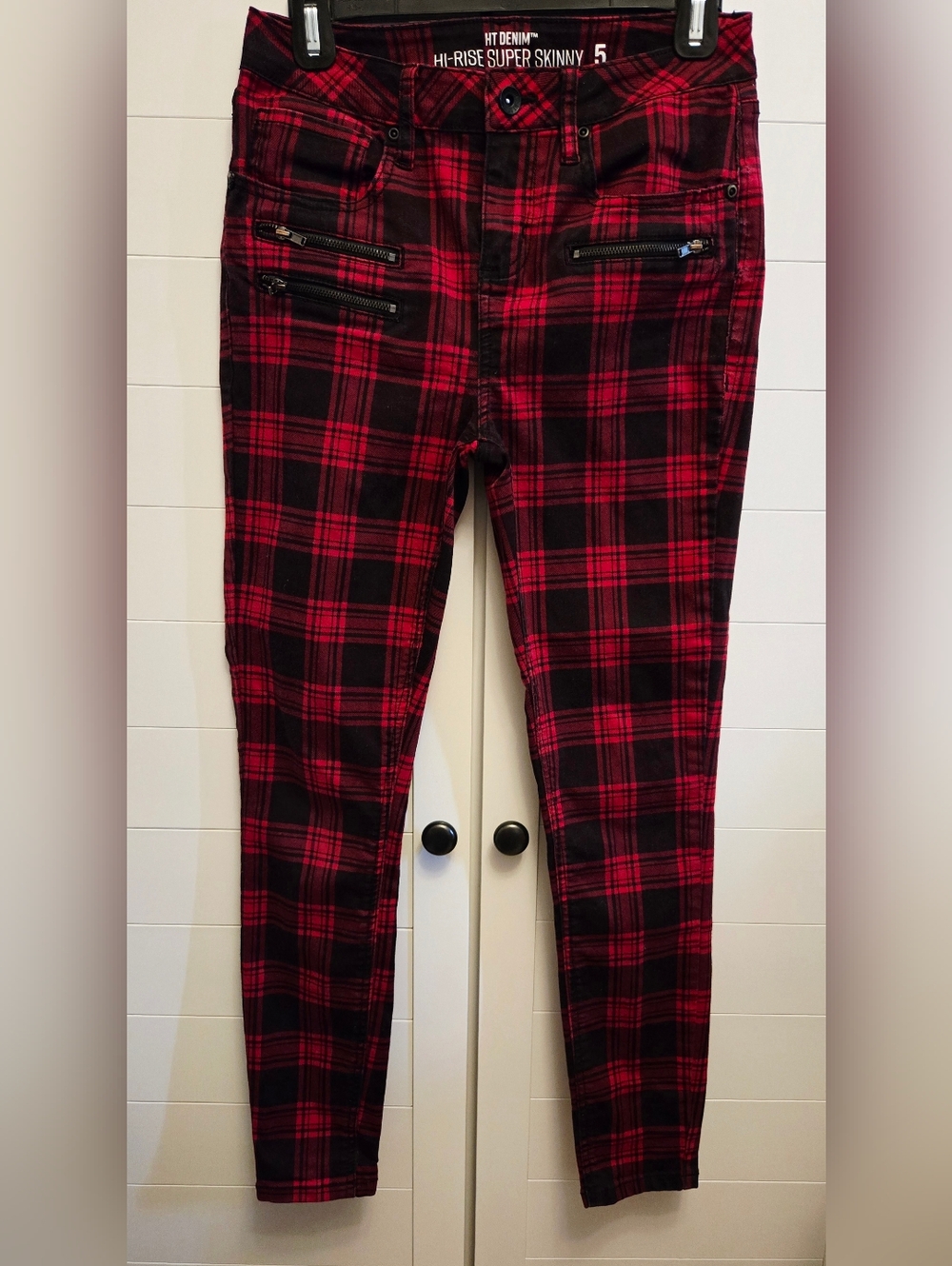 Red Plaid High-Rise Super Skinny Pants